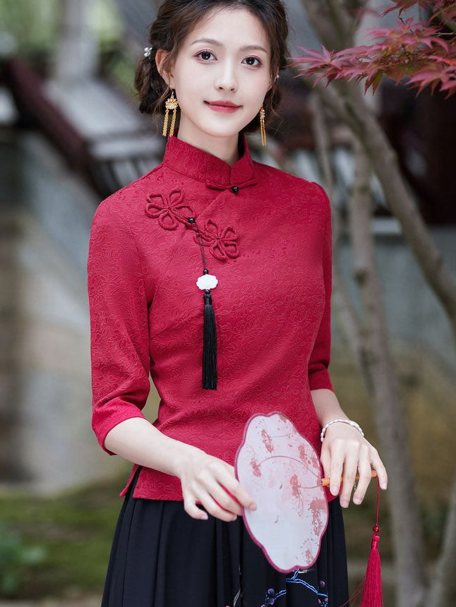 Green Red Woman Linen Cheongsam Blouse Top