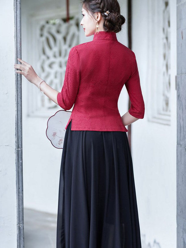 Green Red Woman Linen Cheongsam Blouse Top