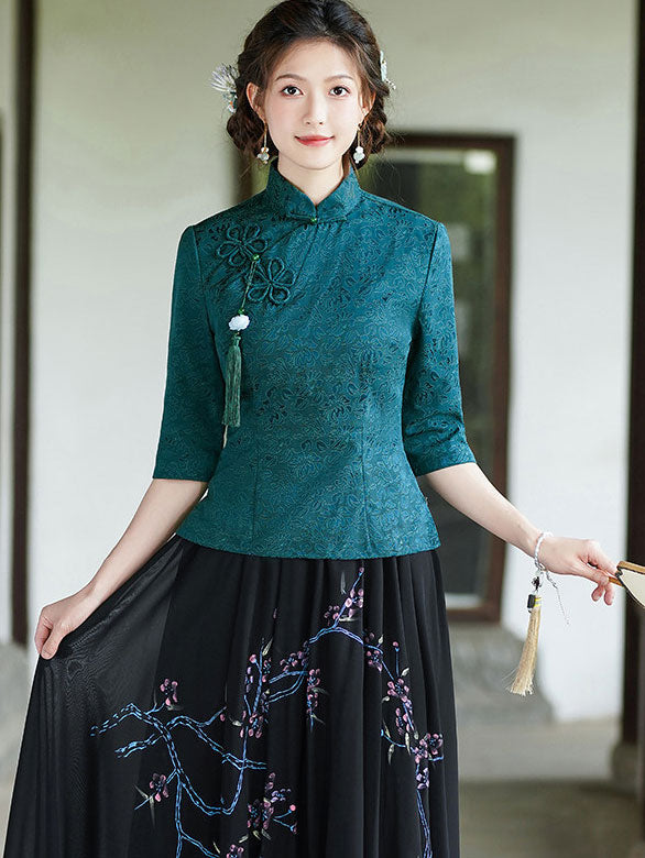 Green Red Woman Linen Cheongsam Blouse Top