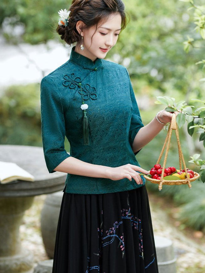 Green Red Woman Linen Cheongsam Blouse Top