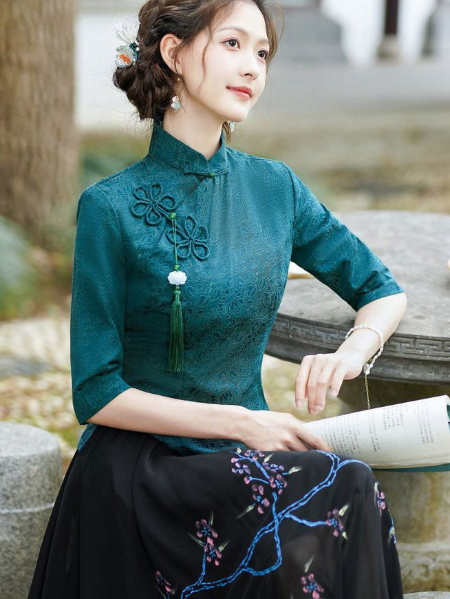 Green Red Woman Linen Cheongsam Blouse Top