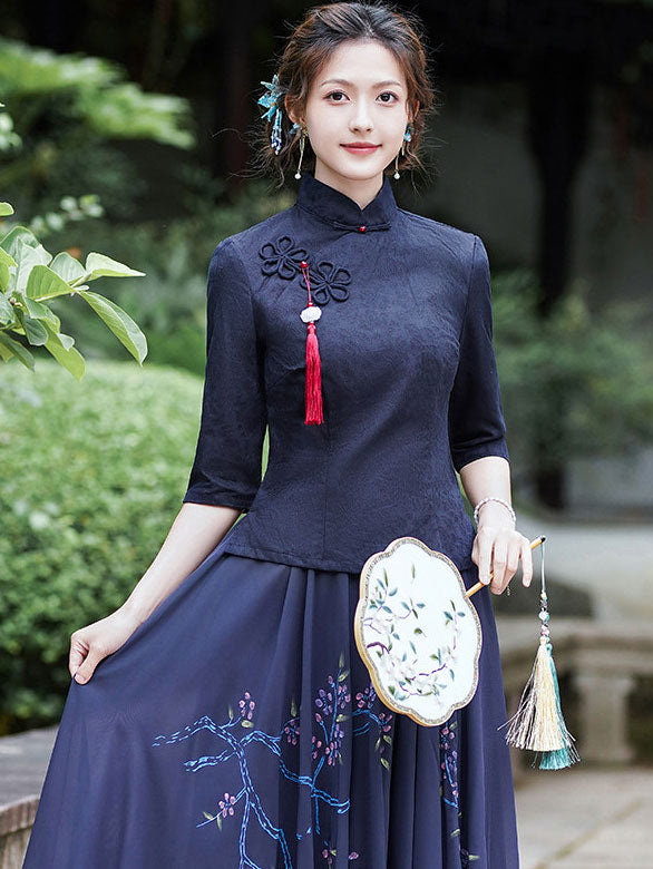 Green Red Woman Linen Cheongsam Blouse Top