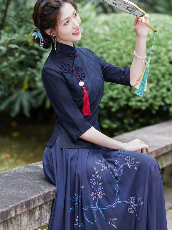 Green Red Woman Linen Cheongsam Blouse Top