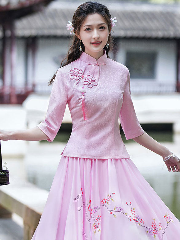 Green Red Woman Linen Cheongsam Blouse Top