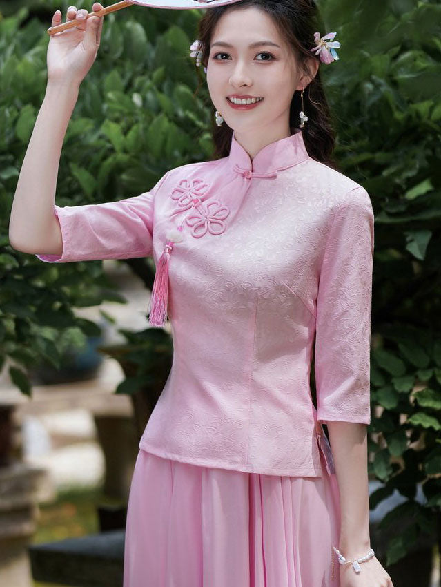 Green Red Woman Linen Cheongsam Blouse Top