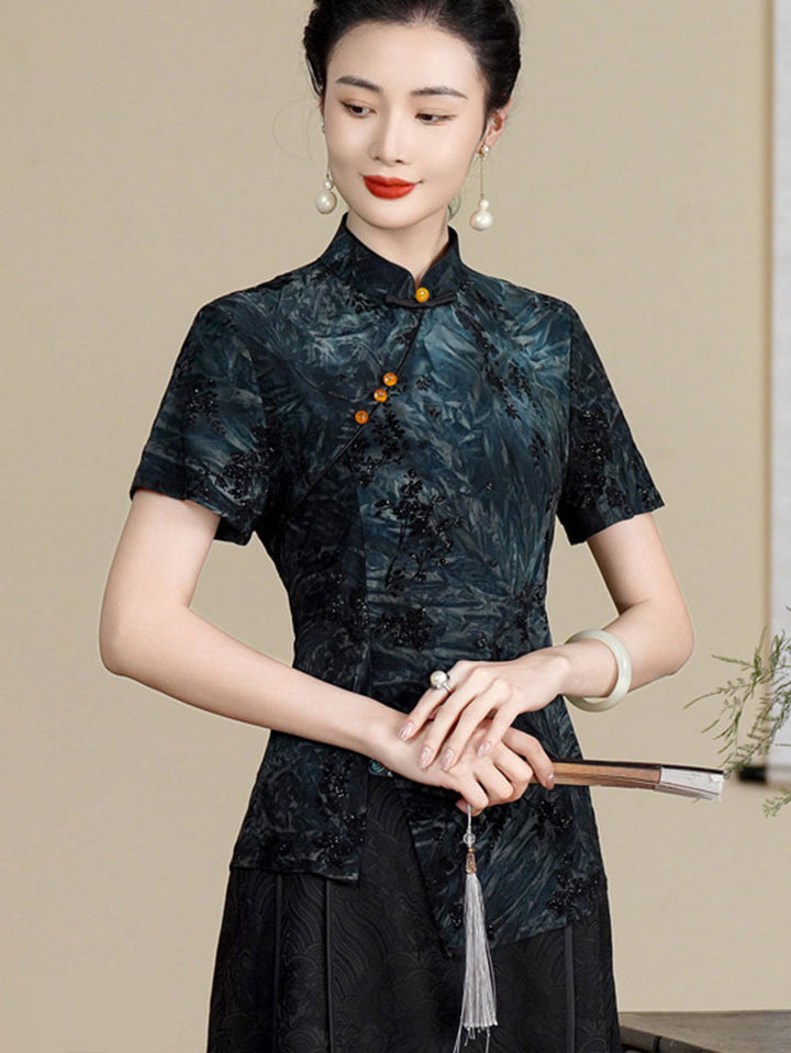 Purple Gray Floral Velvet Cheongsam Blouse Top