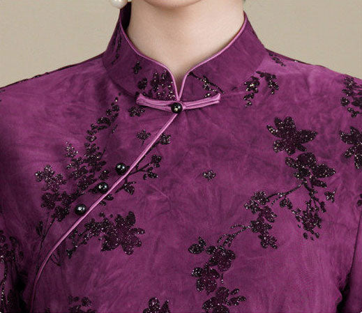 Purple Gray Floral Velvet Cheongsam Blouse Top