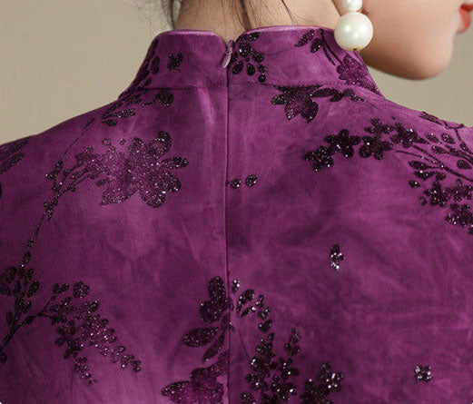 Purple Gray Floral Velvet Cheongsam Blouse Top