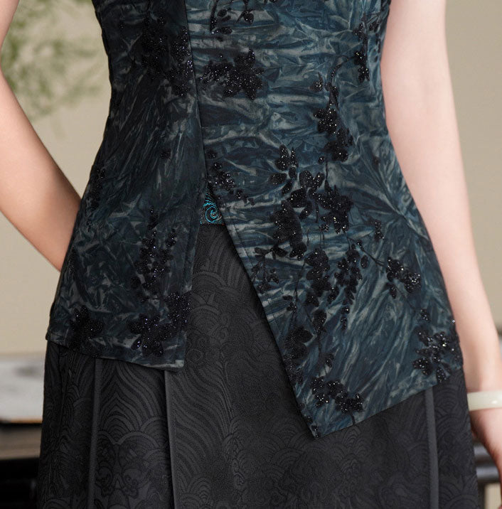 Purple Gray Floral Velvet Cheongsam Blouse Top