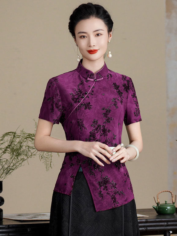 Purple Gray Floral Velvet Cheongsam Blouse Top