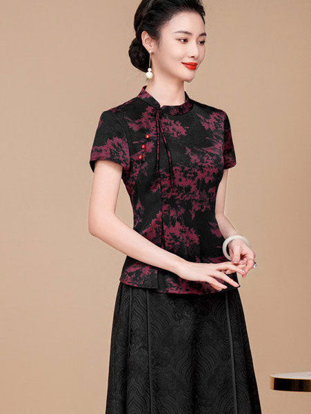 Floral Satin Mothers Woman Cheongsam Blouse Top