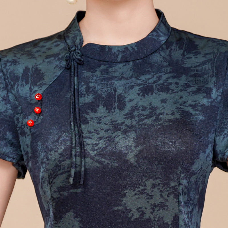 Floral Satin Mothers Woman Cheongsam Blouse Top