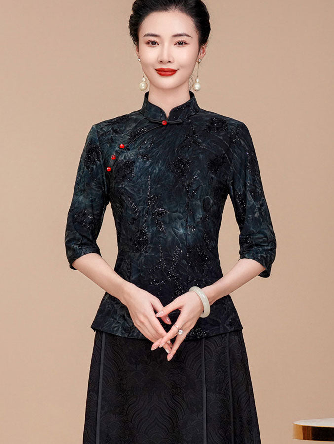 Purple Gray Floral Woman Half Sleeve Cheongsam Blouse Top