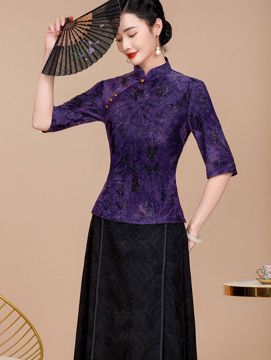 Purple Gray Floral Woman Half Sleeve Cheongsam Blouse Top