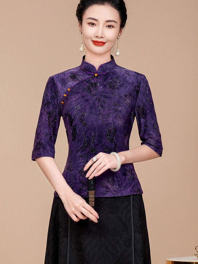 Purple Gray Floral Woman Half Sleeve Cheongsam Blouse Top