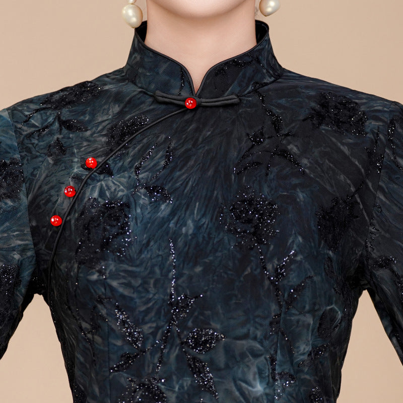 Purple Gray Floral Woman Half Sleeve Cheongsam Blouse Top
