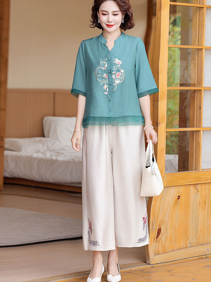 Embroidered Floral Linen Mothers Woman Cheongsam Blouse Shirt