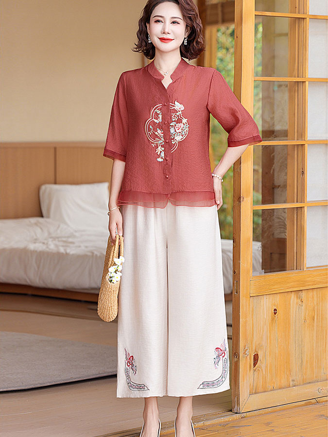Embroidered Floral Mothers Woman Cheongsam Blouse Shirt Top