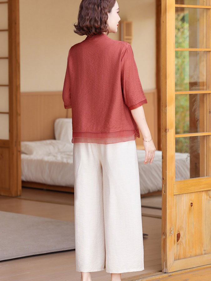 Embroidered Floral Linen Mothers Woman Cheongsam Blouse Shirt