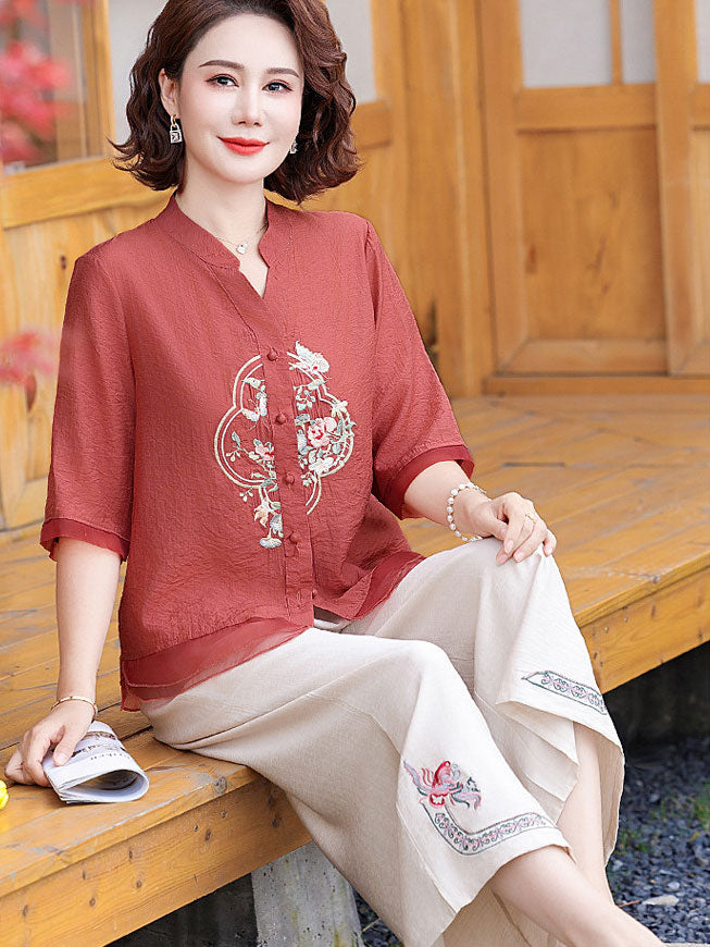 Embroidered Floral Linen Mothers Woman Cheongsam Blouse Shirt