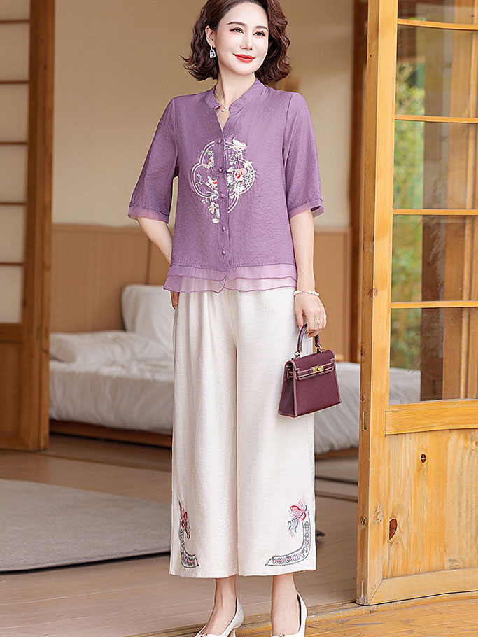Embroidered Floral Linen Mothers Woman Cheongsam Blouse Shirt