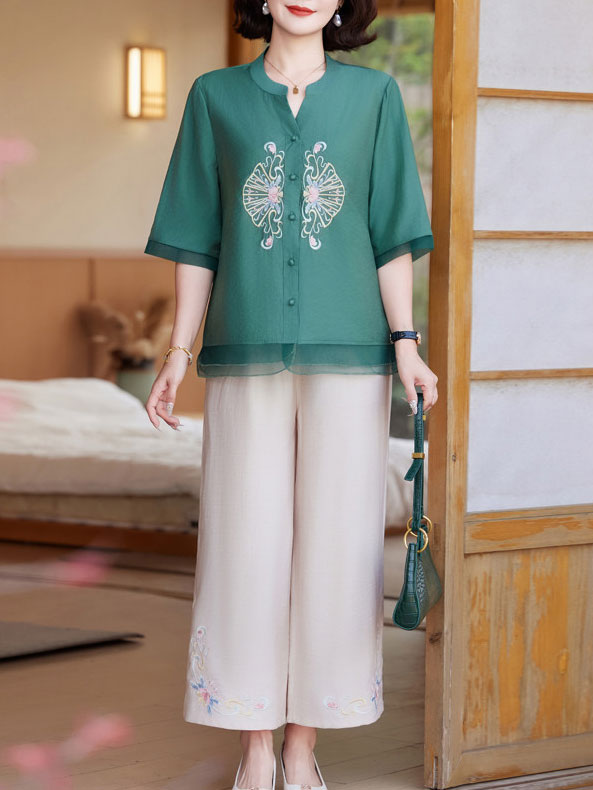 Embroidered Floral Linen Mothers Woman Cheongsam Blouse Shirt
