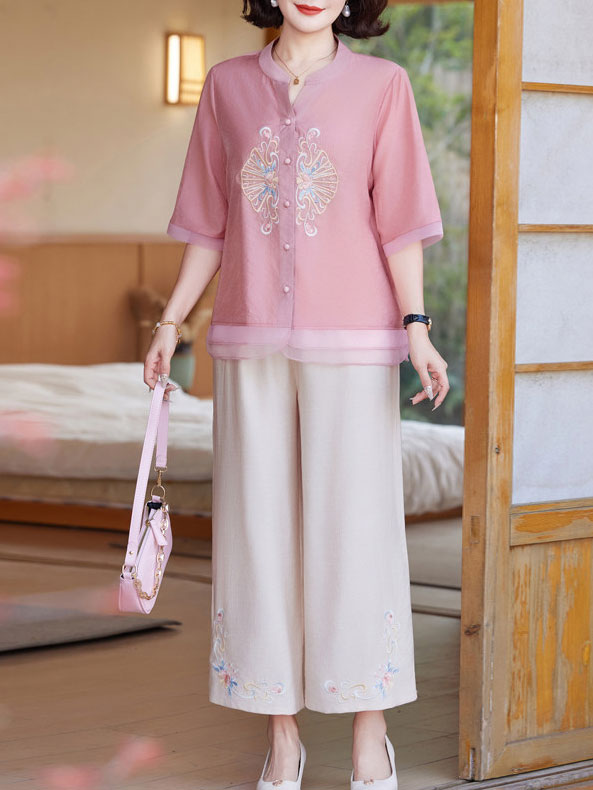 Embroidered Floral Linen Mothers Woman Cheongsam Blouse Shirt