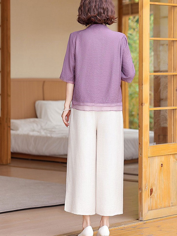 Embroidered Floral Linen Mothers Woman Cheongsam Blouse Shirt