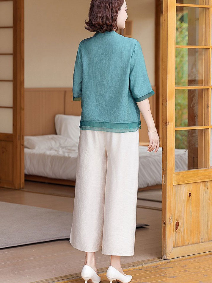 Embroidered Floral Linen Mothers Woman Cheongsam Blouse Shirt