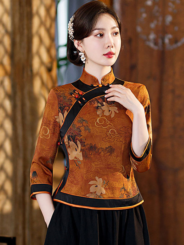 Purple Yellow Vintage Print Woman Cheongsam Blouse Top