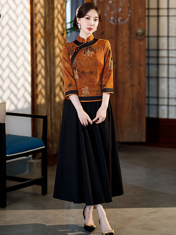 Purple Yellow Vintage Print Woman Cheongsam Blouse Top