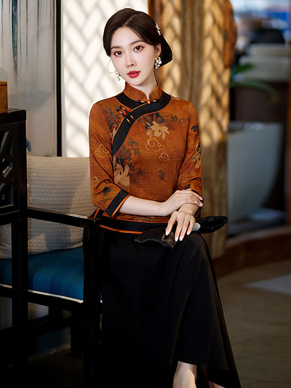 Purple Yellow Vintage Print Woman Cheongsam Blouse Top