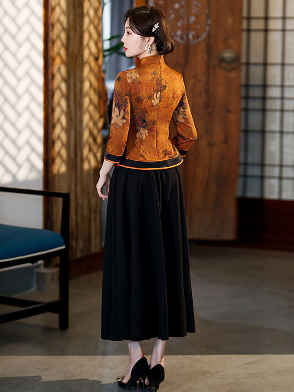 Purple Yellow Vintage Print Woman Cheongsam Blouse Top