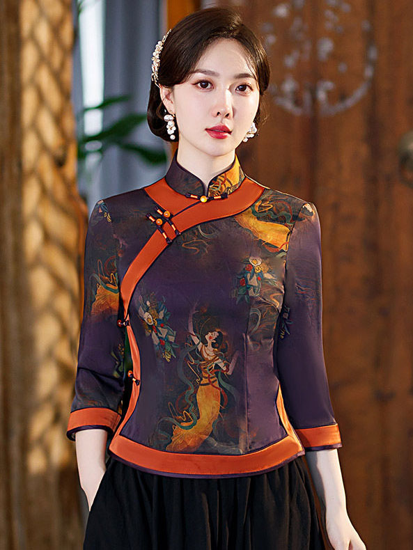 Purple Yellow Vintage Print Woman Cheongsam Blouse Top