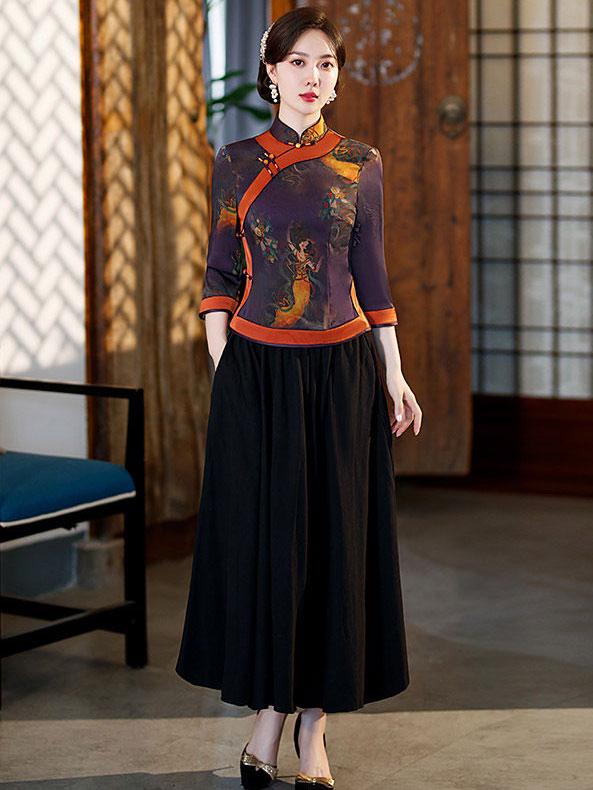 Purple Yellow Vintage Print Woman Cheongsam Blouse Top