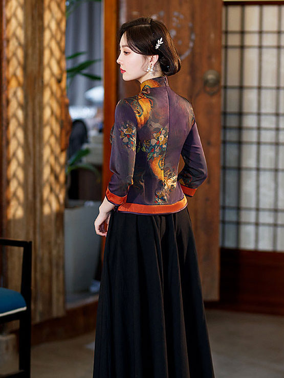 Purple Yellow Vintage Print Woman Cheongsam Blouse Top