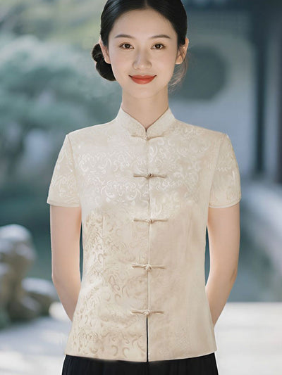 Black White Lace Cheongsam Blouse Top