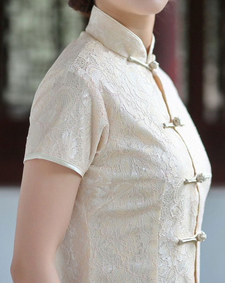Black White Jacquard Cheongsam Blouse Top