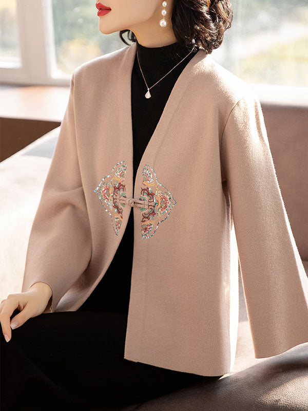 Floral Embroidered Women Mothers Knit Cardigan Jacket