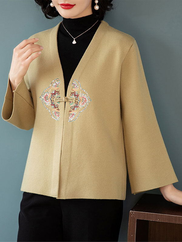 Floral Embroidered Women Mothers Knit Cardigan Jacket