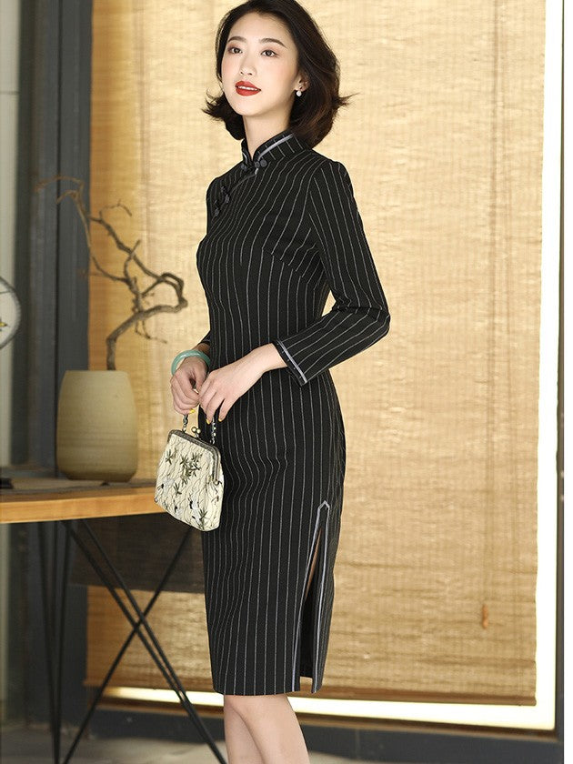 Clearance Black Midi Stripe Qipao Cheongsam Dress