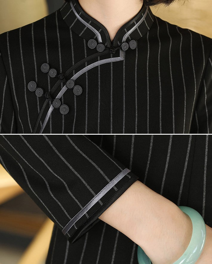 Clearance Black Midi Stripe Qipao Cheongsam Dress