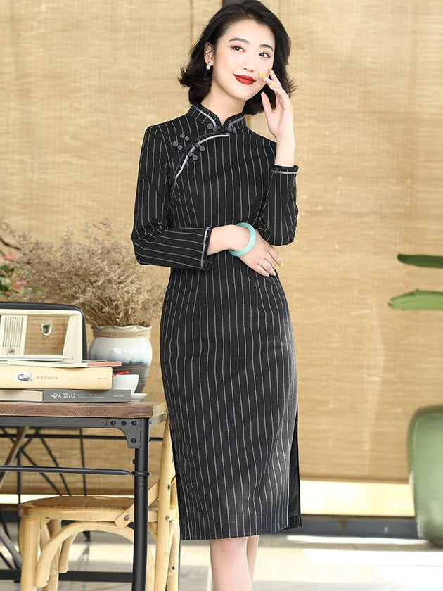 Clearance Black Midi Stripe Qipao Cheongsam Dress