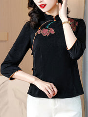 Black Red Lotus Print Cheongsam Blouse Shirt