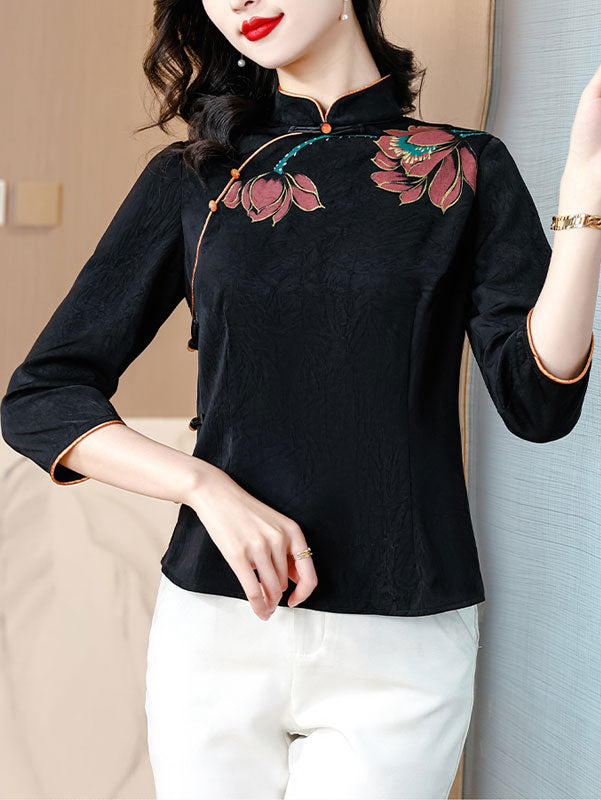 Black Red Lotus Print Cheongsam Blouse Shirt