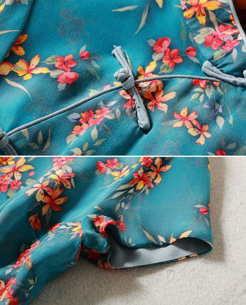 Clearance Blue Floral Printed Qipao Cheongsam Top Blouse