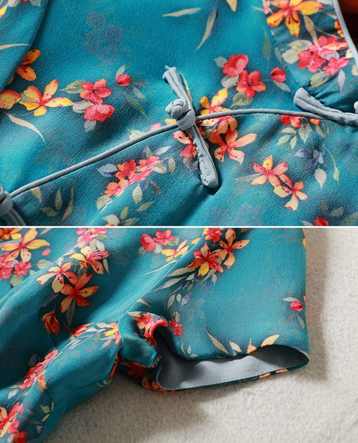 Clearance Blue Floral Printed Qipao Cheongsam Top Blouse