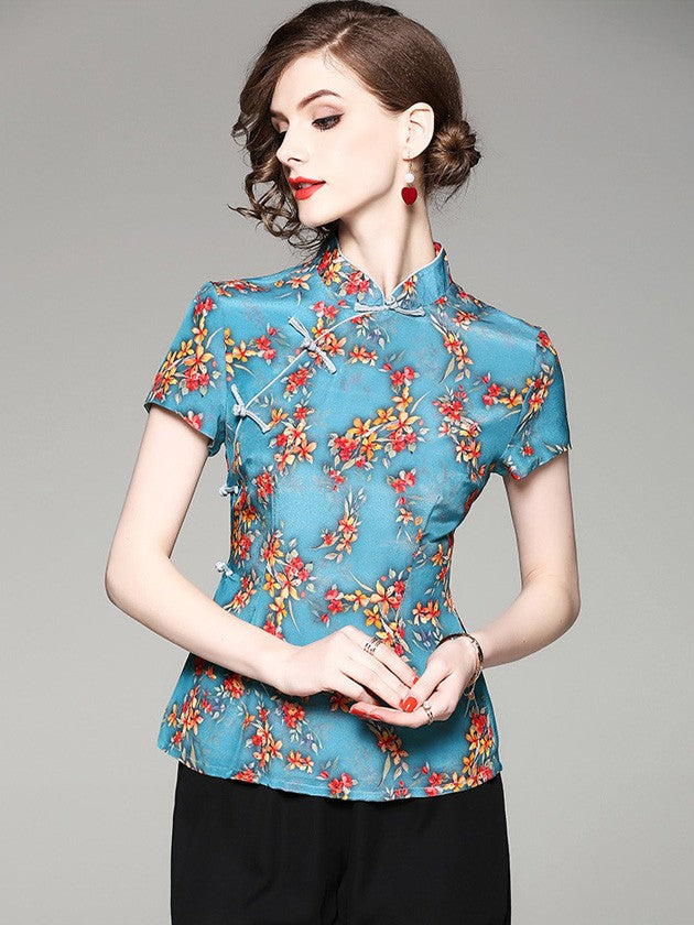 Clearance Blue Floral Printed Qipao Cheongsam Top Blouse