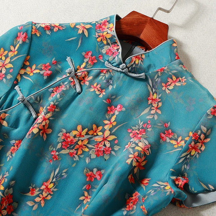 Clearance Blue Floral Printed Qipao Cheongsam Top Blouse