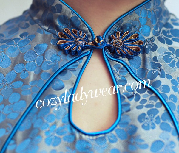Clearance Blue Floral Silk Half Sleeve Qipao Cheongsam Dress